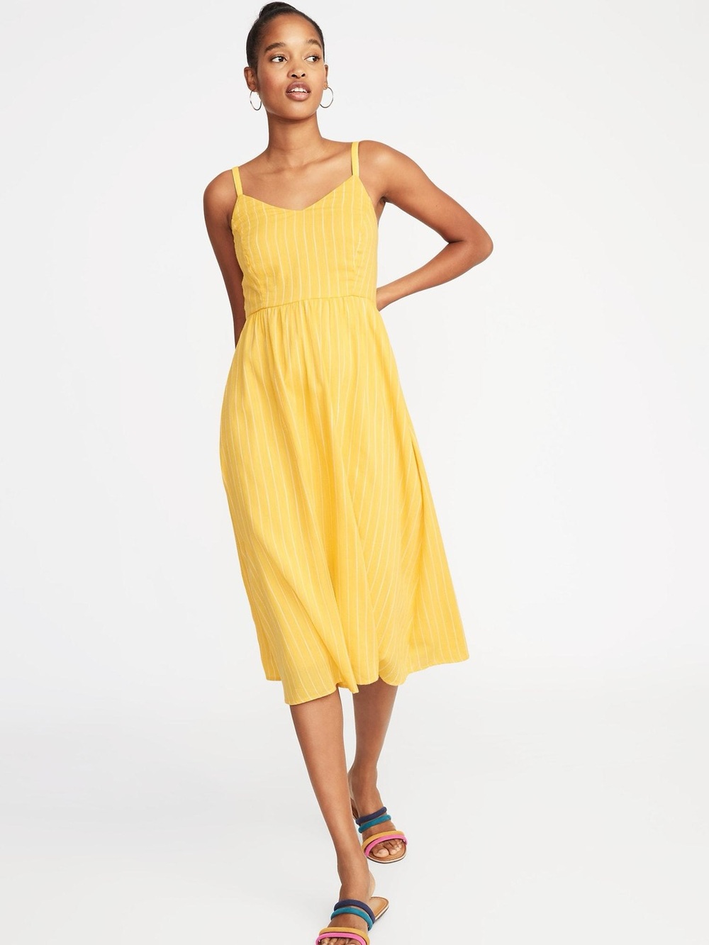 NWT Old Navy Fit & Flare Striped Cami Midi Dress Yellow L